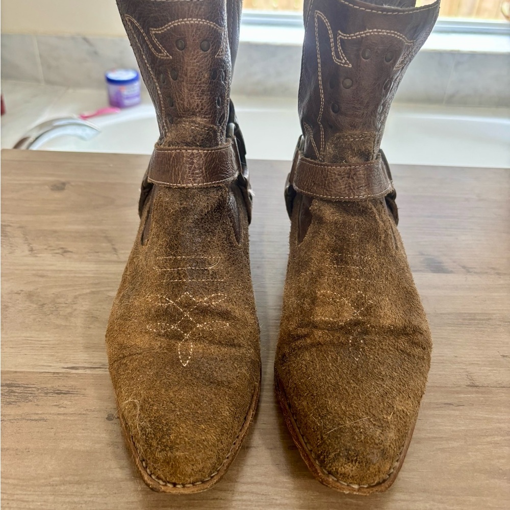 Bed Stu “Canada” Brown Suede & Leather Harness Western Style Ankle Boots - Picture 10 of 16